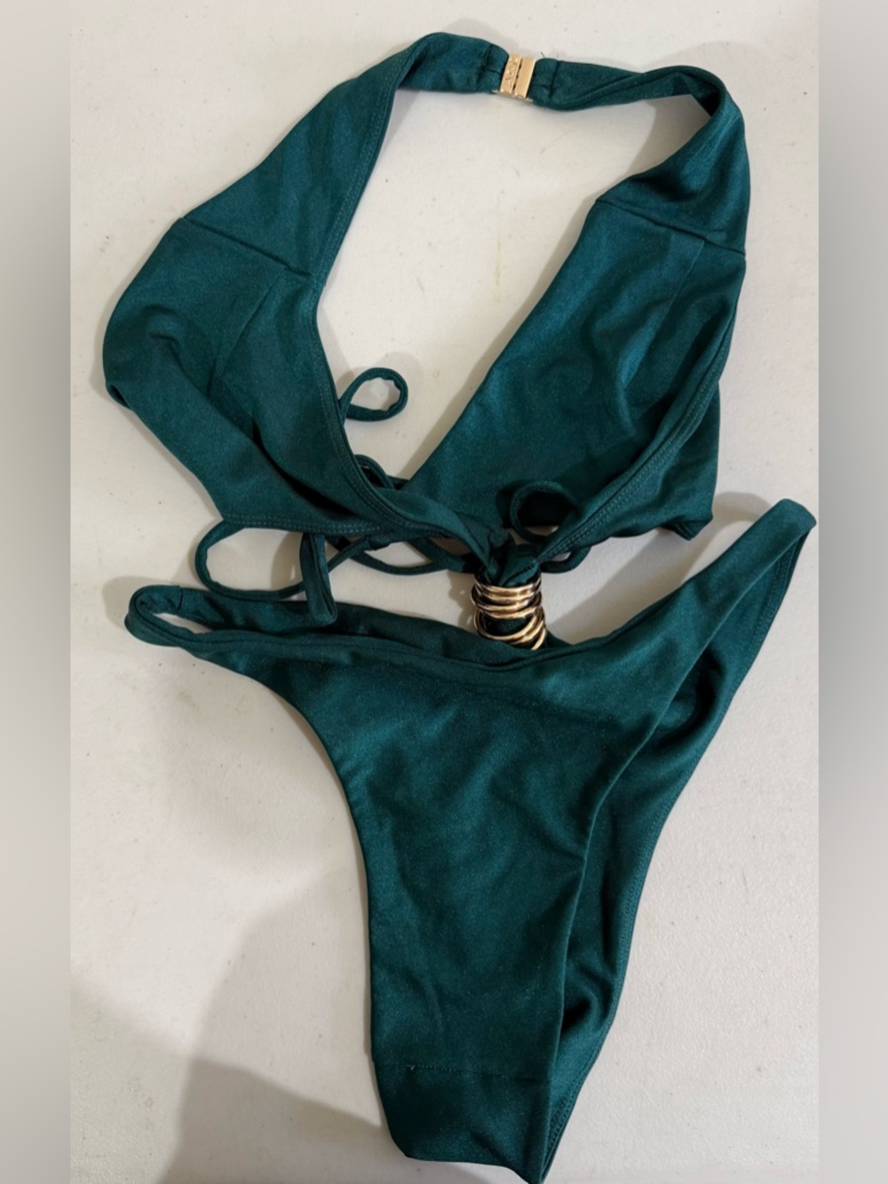 ALT Deep Green Halter Bikini Set with Gold Ring Accent